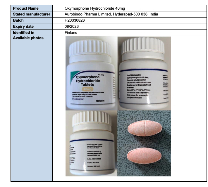 Medical Product Alert : Falsified (contaminated) Oxymorphone Hydrochloride 40mg